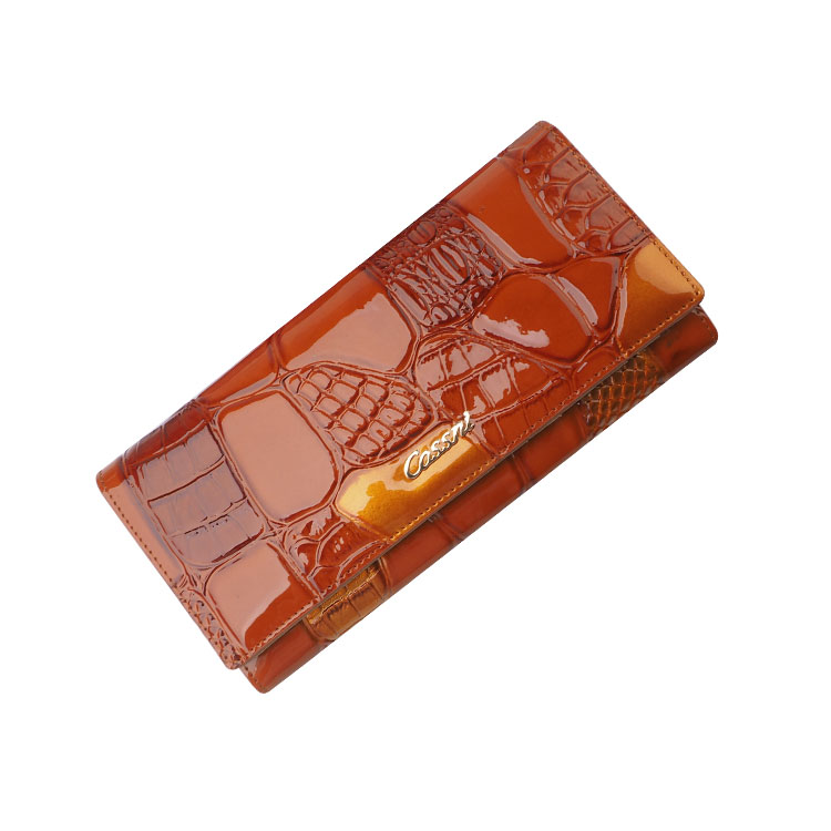 黃色鱷魚皮專利皮革長(zhǎng)款錢包